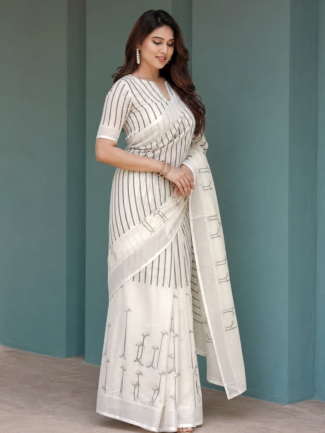Peachmode White Linen Black Striped Printed Saree - Image 4