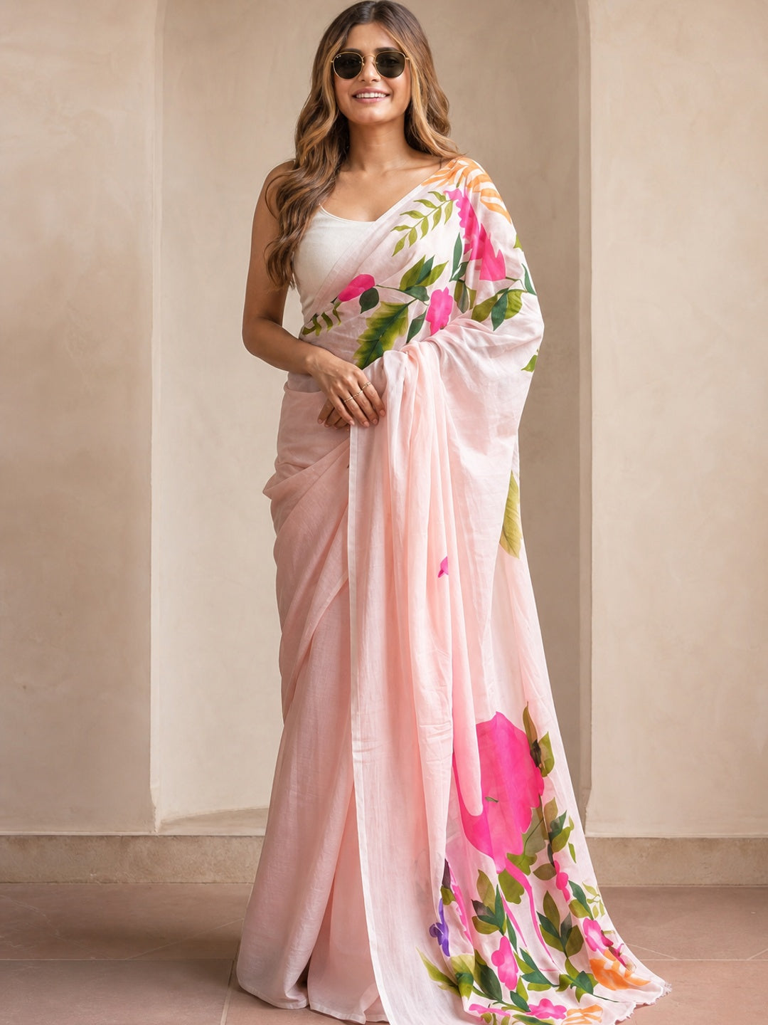 Peachmode Pink Linen Multicolor Floral Printed Saree - Image 2