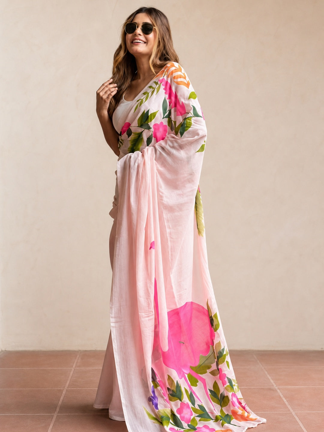 Peachmode Pink Linen Multicolor Floral Printed Saree - Image 4