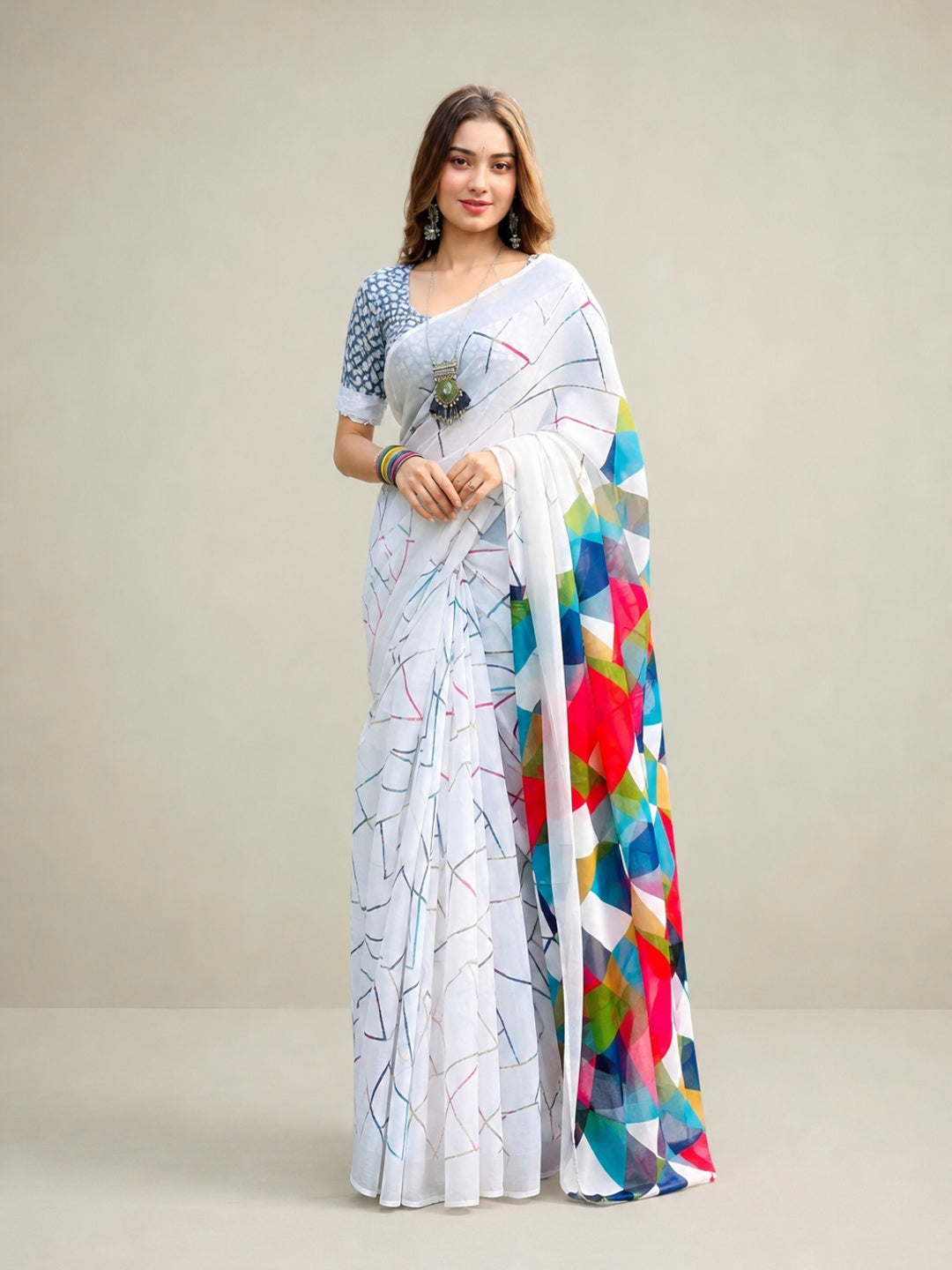 Peachmode Light Blue Linen Geometric Printed Saree - Image 1
