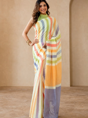 Peachmode Off White Linen Multicolor Striped Saree - Image 2
