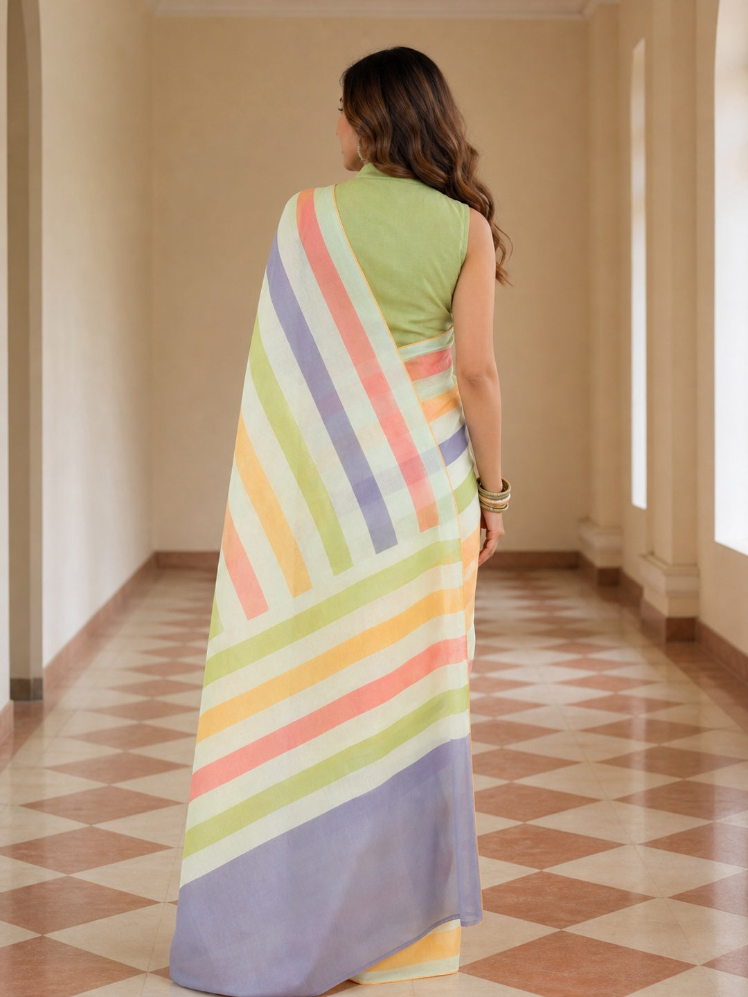 Peachmode Off White Linen Multicolor Striped Saree - Image 3