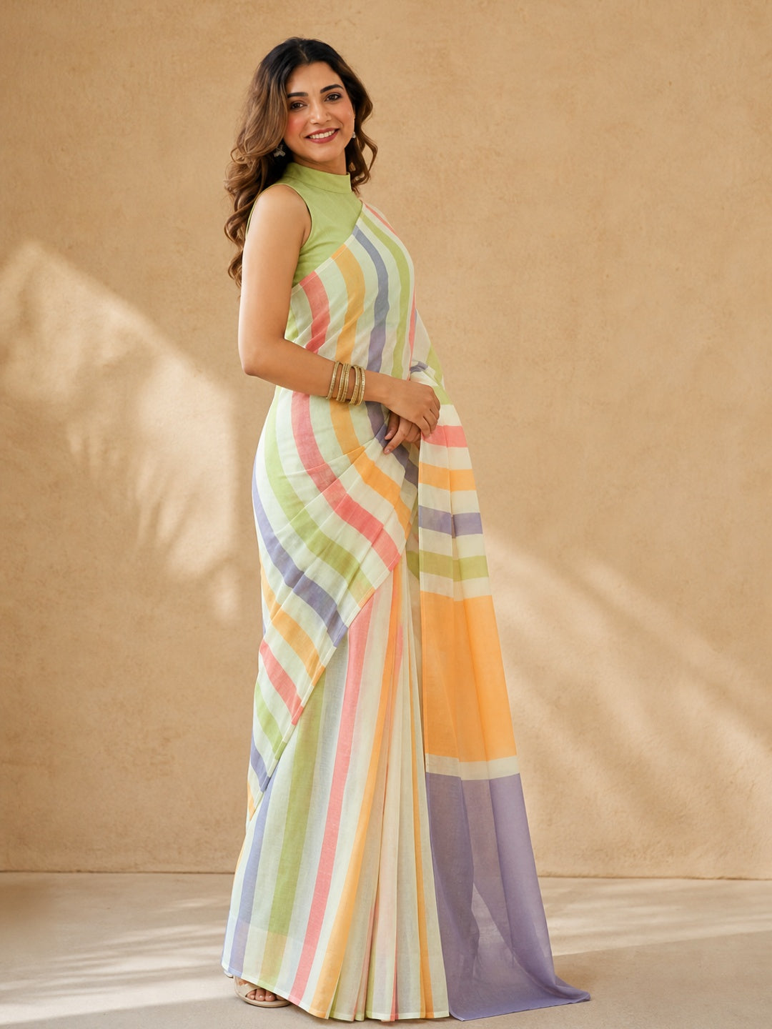 Peachmode Off White Linen Multicolor Striped Saree - Image 4