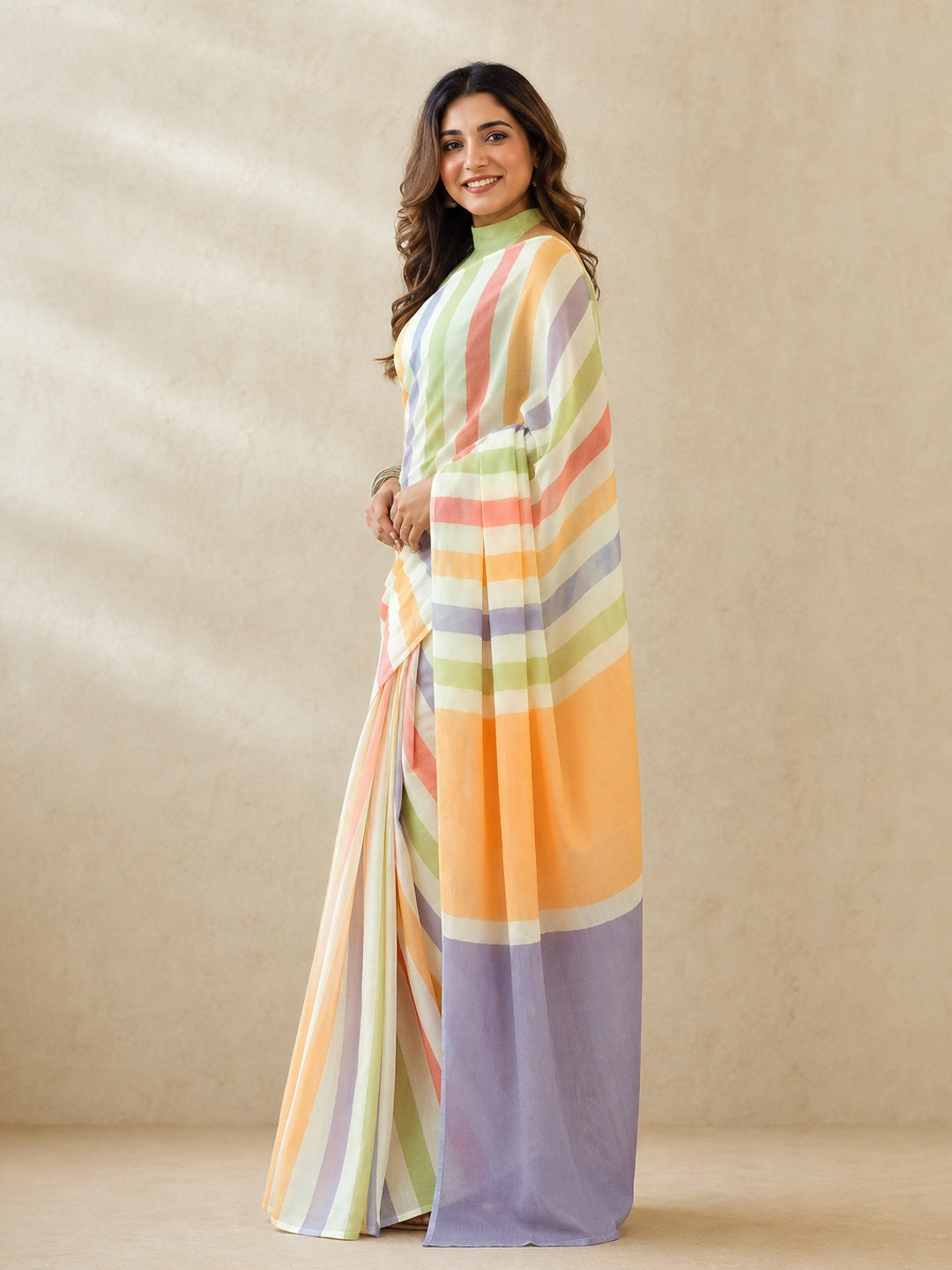 Peachmode Off White Linen Multicolor Striped Saree - Image 5