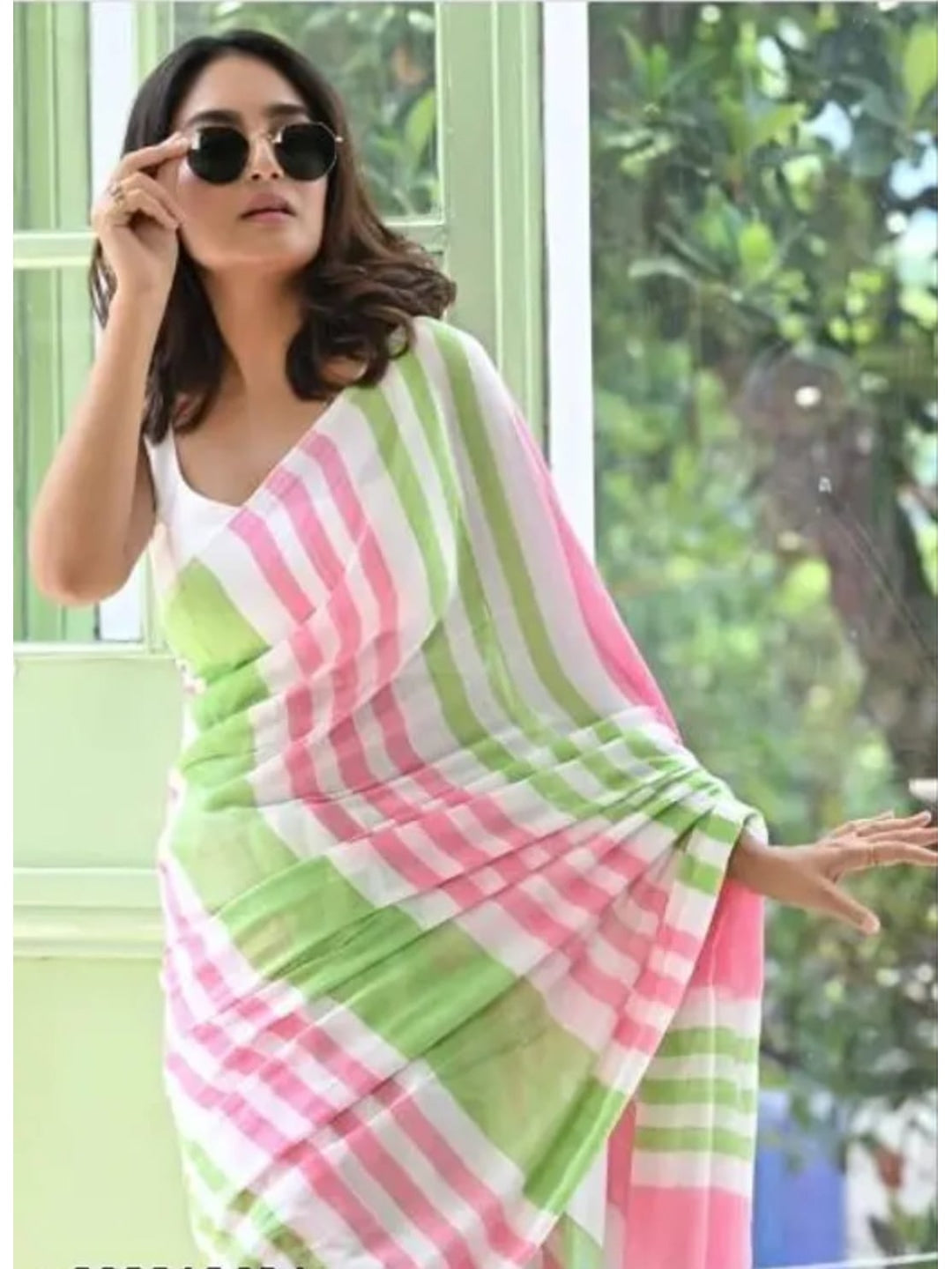Peachmode White Linen Pink Green Striped Saree