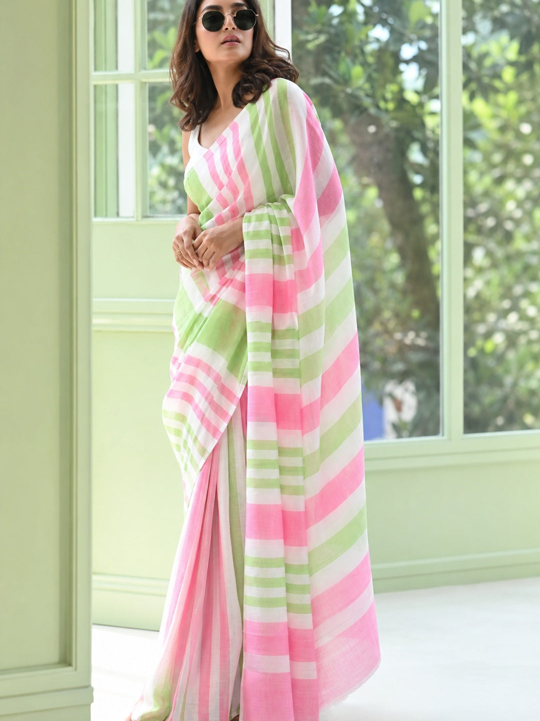Peachmode White Linen Pink Green Striped Saree - Image 4