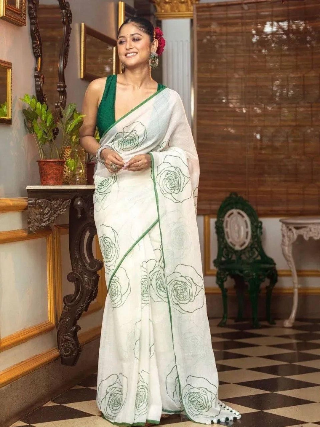 Peachmode Off White Linen Green Line Floral Saree - Image 1