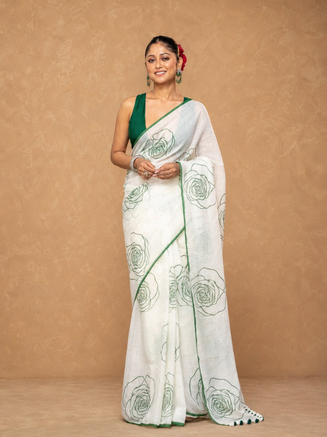 Peachmode Off White Linen Green Line Floral Saree - Image 2