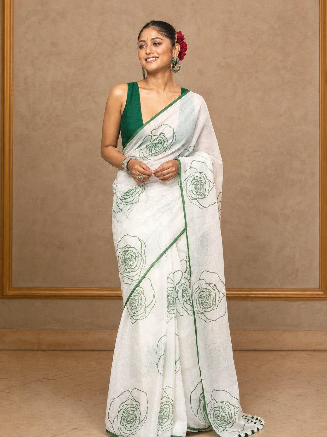 Peachmode Off White Linen Green Line Floral Saree - Image 4