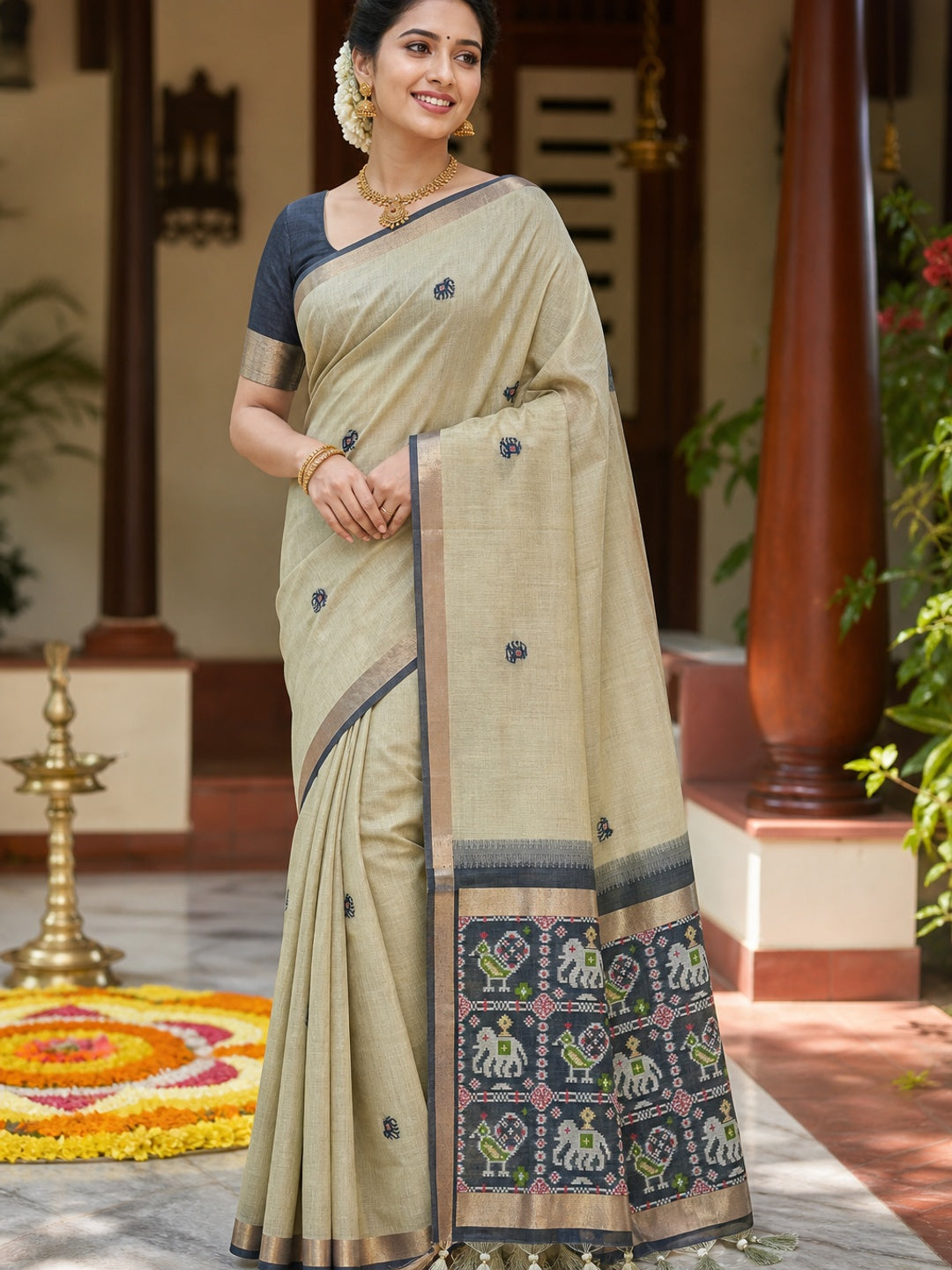 Beige Muga Cotton Silk Saree with Traditional Patola Woven Pallu Design - Image 1