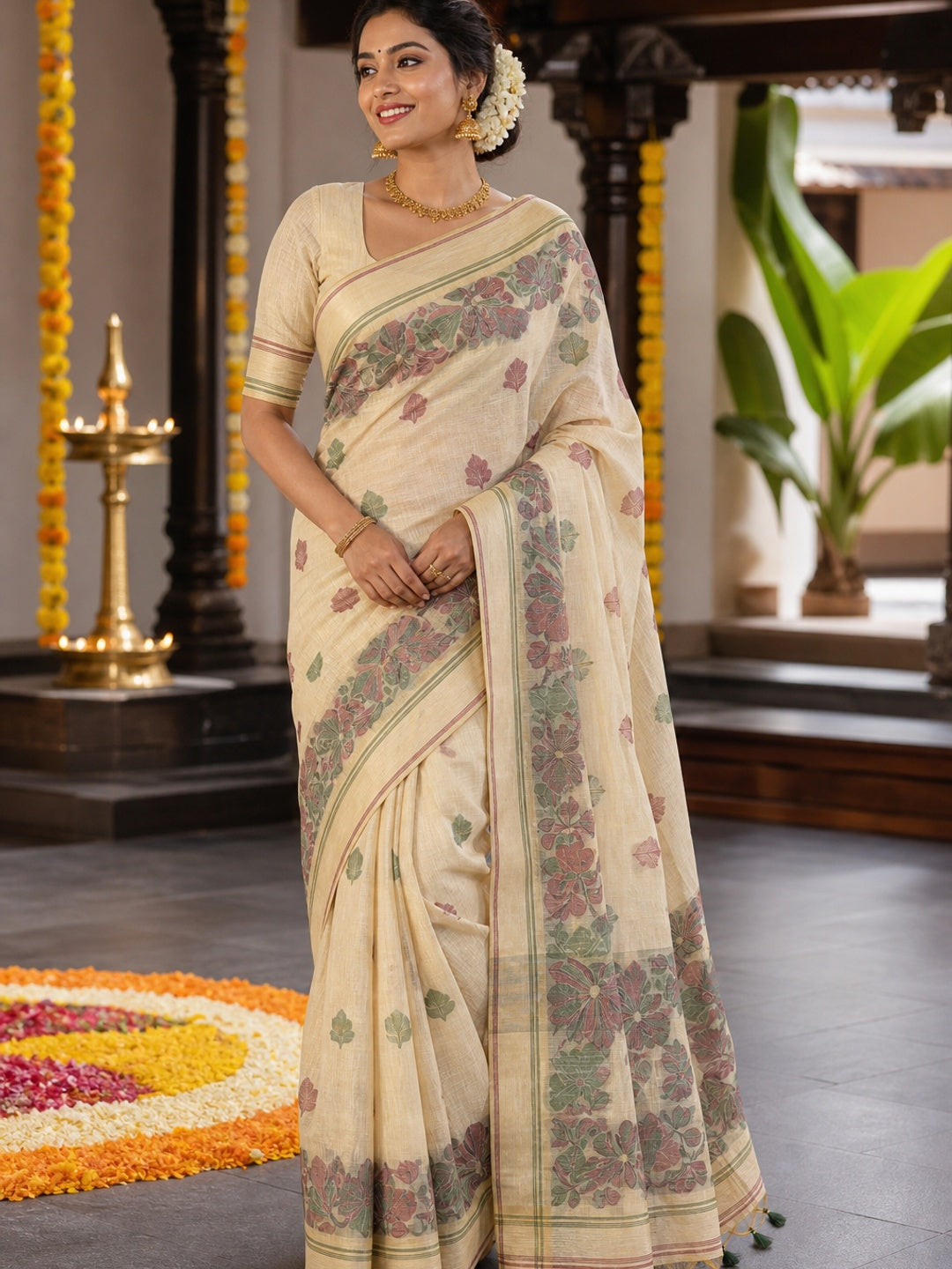 Beige Handwoven Soft Muga Cotton Saree Decorated with Fine Meenakari Weaving Patterns - Image 1