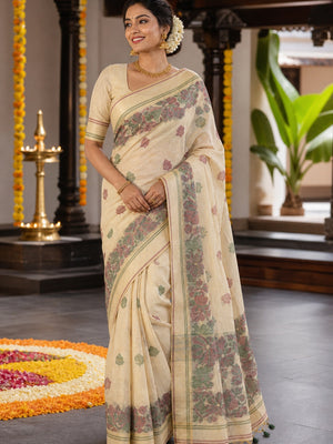 Beige Handwoven Soft Muga Cotton Saree Decorated with Fine Meenakari Weaving Patterns - Image 1