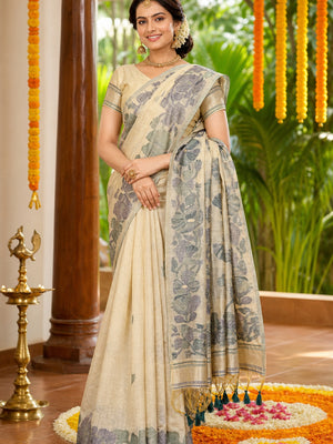 Beige Handwoven Muga Cotton Saree Decorated with Fine Meenakari Weaving Patterns - Image 1