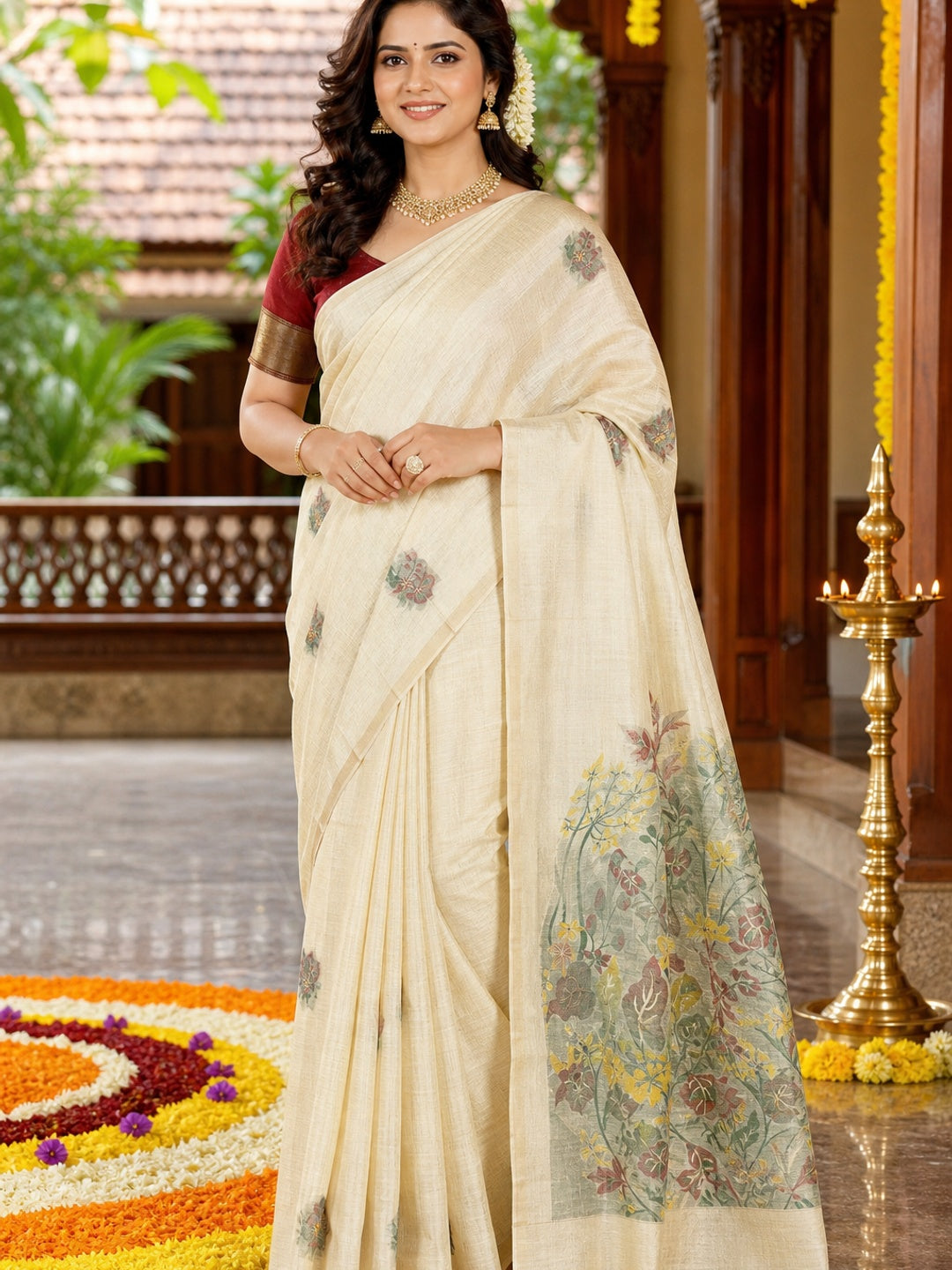 Beige Traditional Soft Muga Cotton Saree Elevated with Rich Meenakari Weaving Detailing - Image 1