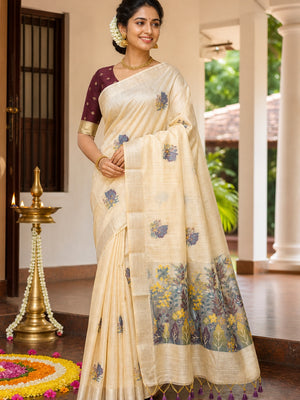 Beige Traditional Soft Muga Cotton Saree Elevated with Meenakari Weaving Detailing - Image 1