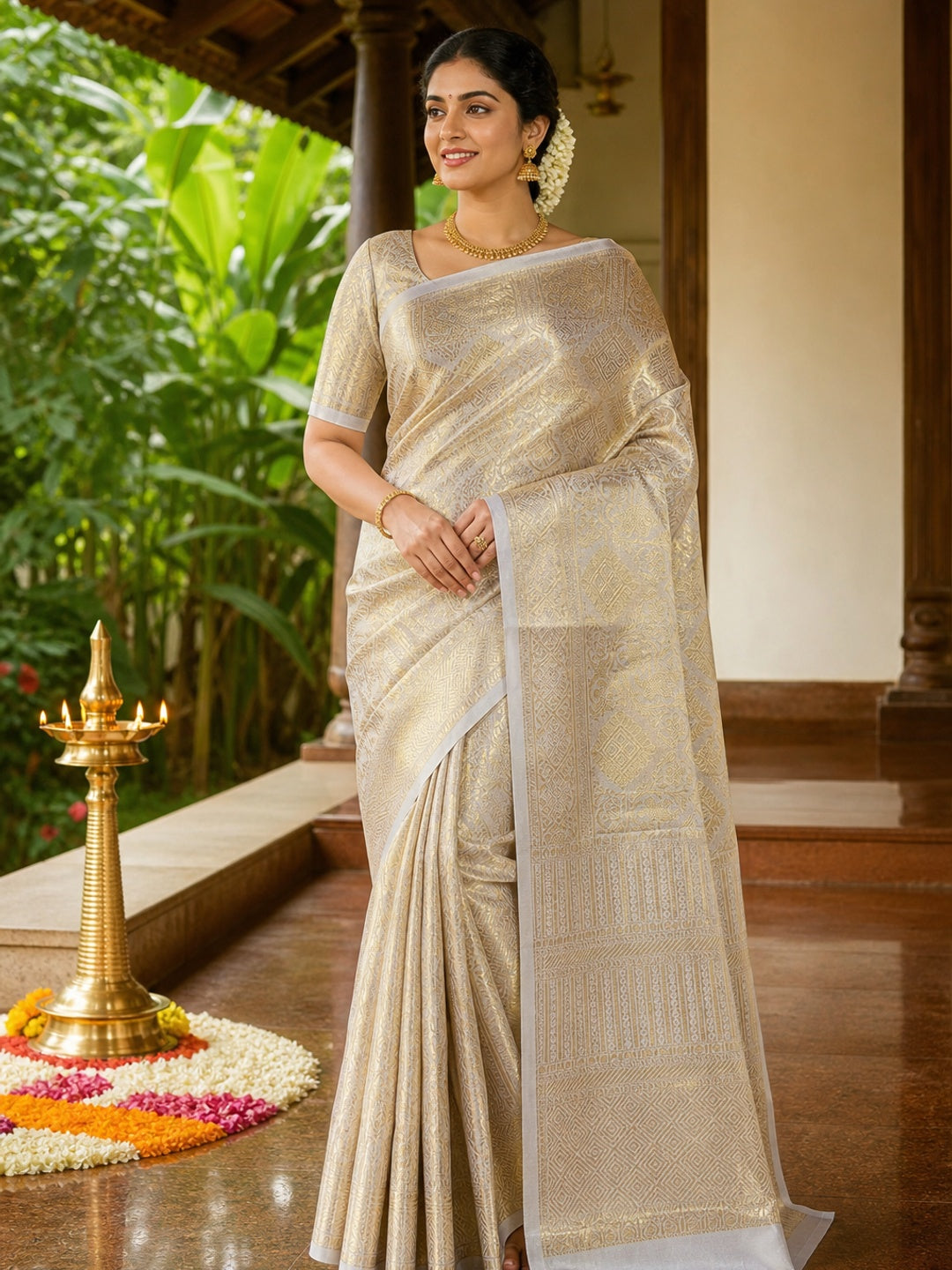 Handloom Banarasi Golden Tissue Silk Saree Adorned with Intricate Traditional Patterns - Image 1