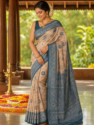 Beige & Teal Designer Tissue Saree with Zari Weaving - Image 1