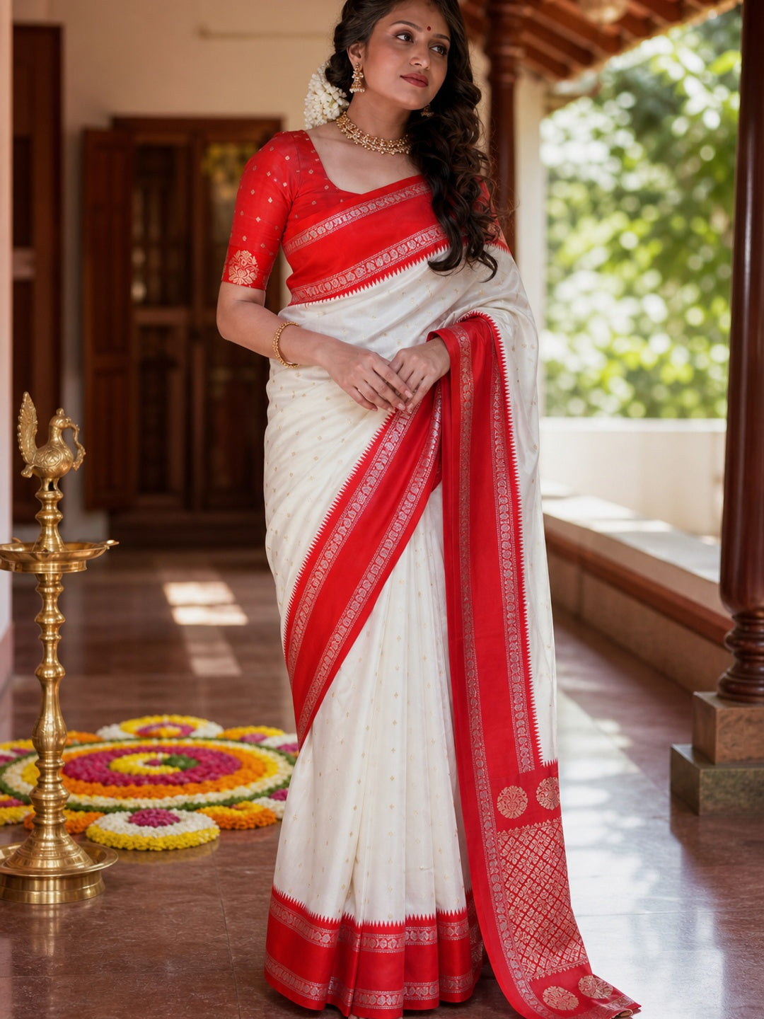 Graceful White & Red Zari Woven Lichi Banarasi Silk Saree With Tassel Accents - Image 1