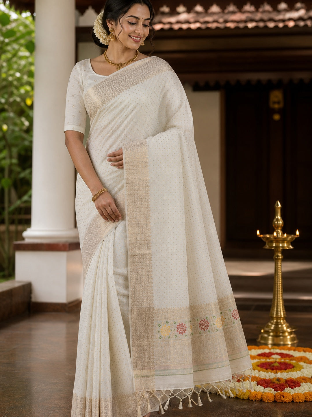 Off White Saree in Pure Georgette Featuring Delicate Zari Butti Work - Image 1