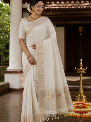 Off White Saree in Pure Georgette Featuring Delicate Zari Butti Work - Image 1