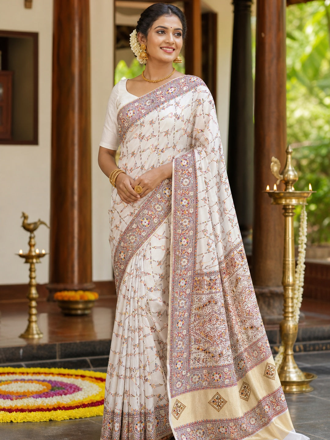 White Pashmina Silk Saree Featuring Rajwadi Traditional Weaving with a Kashmiri Pallu - Image 1