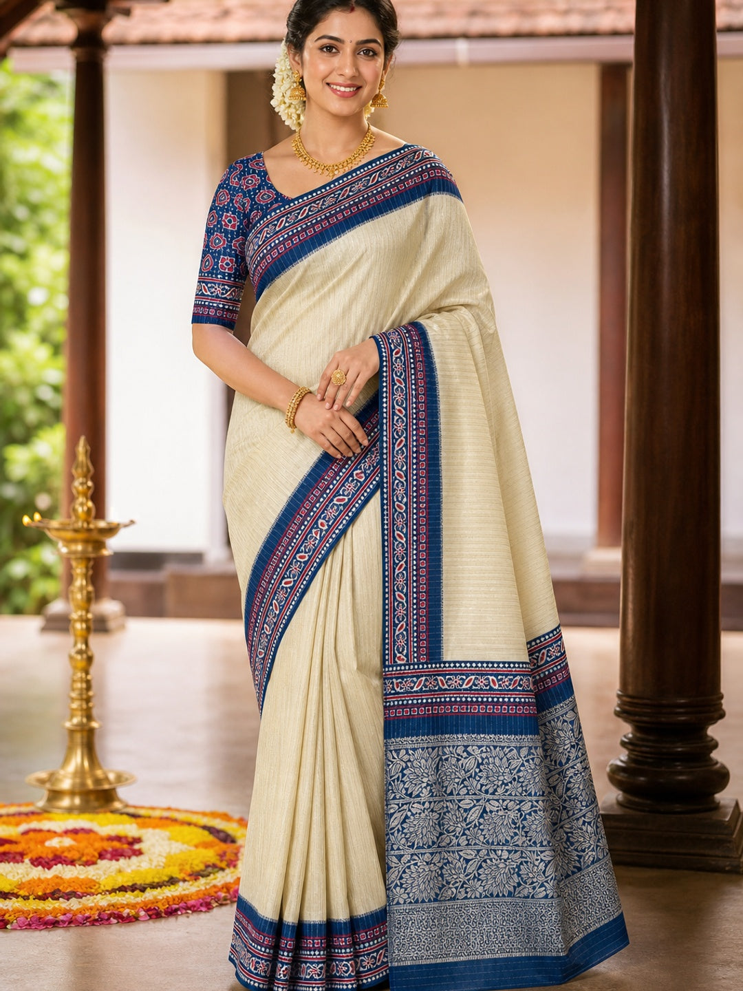 Classic Cream Zari Weaving Dola Silk Saree with Elegant Shine and Traditional Design - Image 1