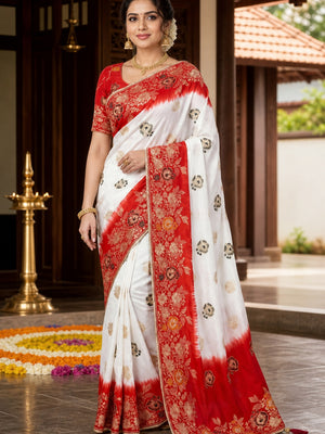 White Floral Woven Pure Silk Saree With Tassels - Image 1