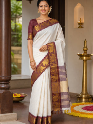 White & Maroon Woven Cotton Silk Saree With Tassels - Image 1