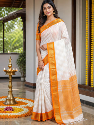 White & Orange Checks With Woven Border Cotton Silk Saree - Image 1