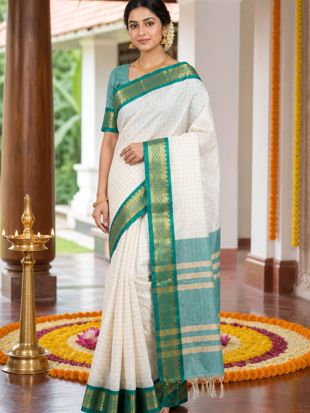 White & Rama Green Checks With Woven Border Cotton Silk Saree - Image 1