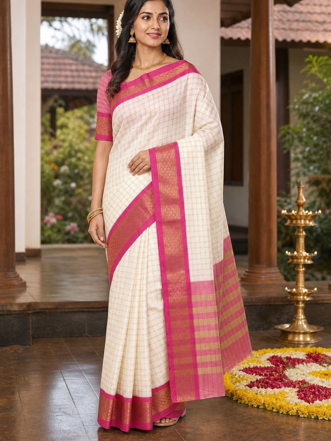 White & Rani Pink Checks With Woven Border Cotton Silk Saree - Image 1