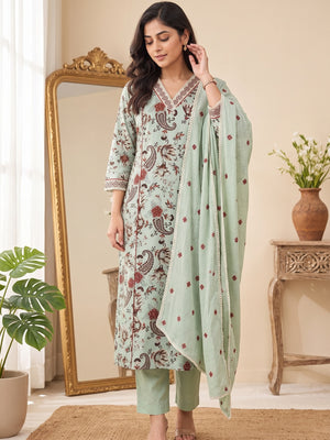 Pista Green Cotton Floral Printed Salwar Suit Set - Image 1