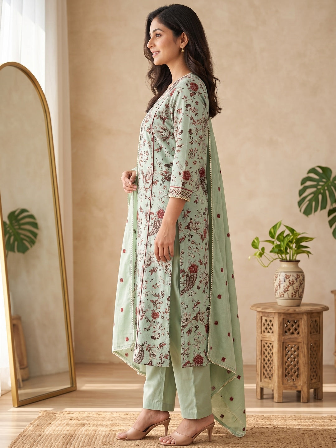 Pista Green Cotton Floral Printed Salwar Suit Set - Image 4