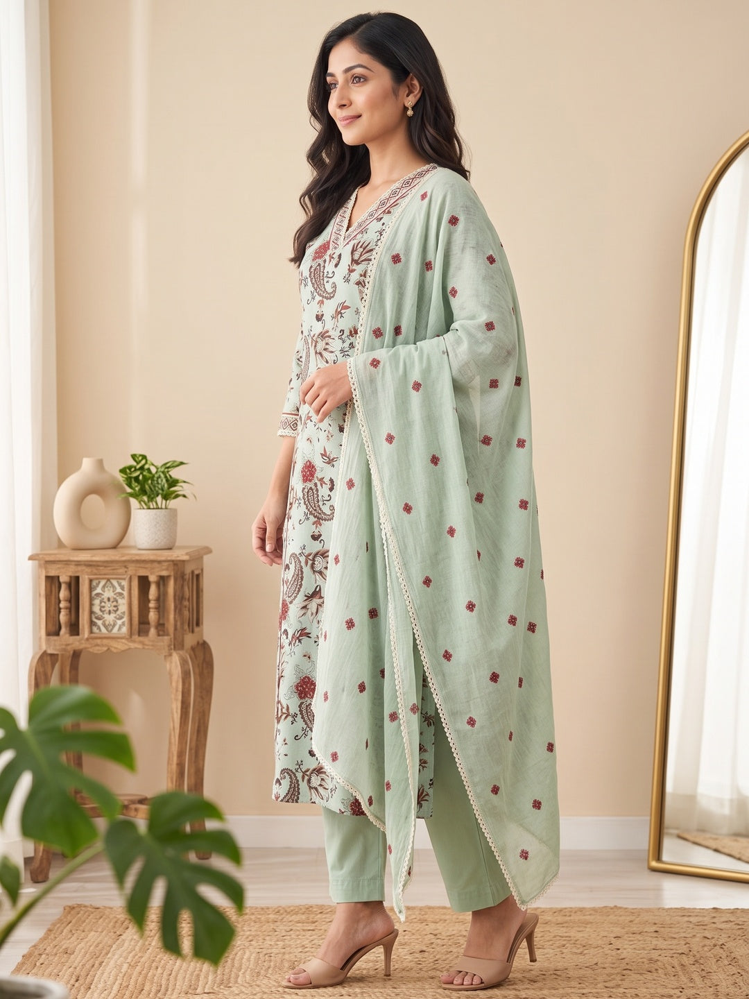 Pista Green Cotton Floral Printed Salwar Suit Set - Image 5