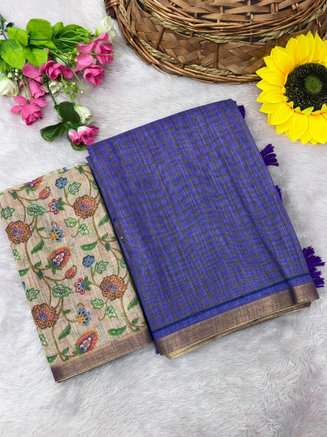 Peachmode Purple Linen Cotton Fancy Digital Print Saree - Image 6