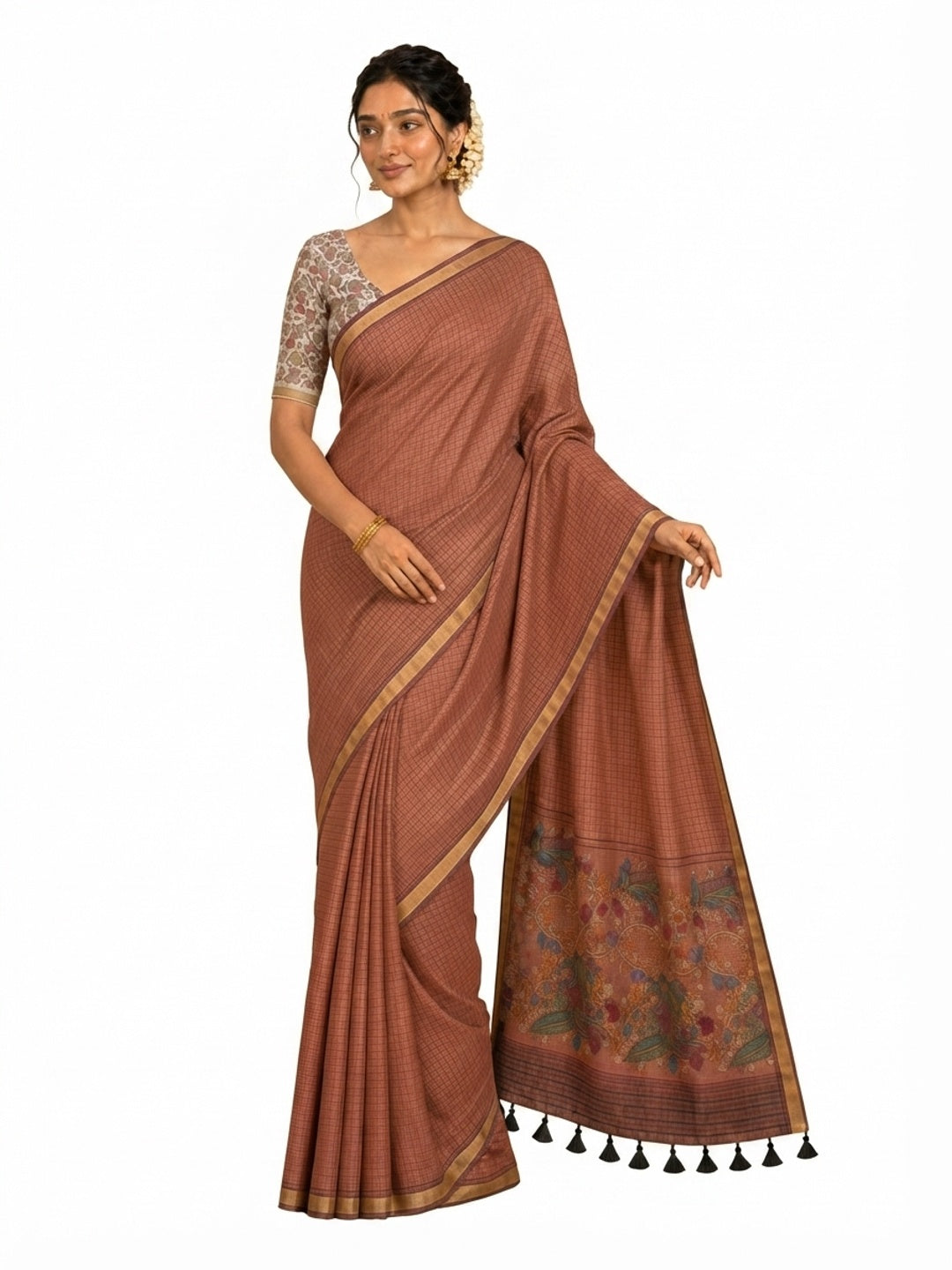 Peachmode Peach Linen Cotton Fancy Digital Print Saree - Image 8
