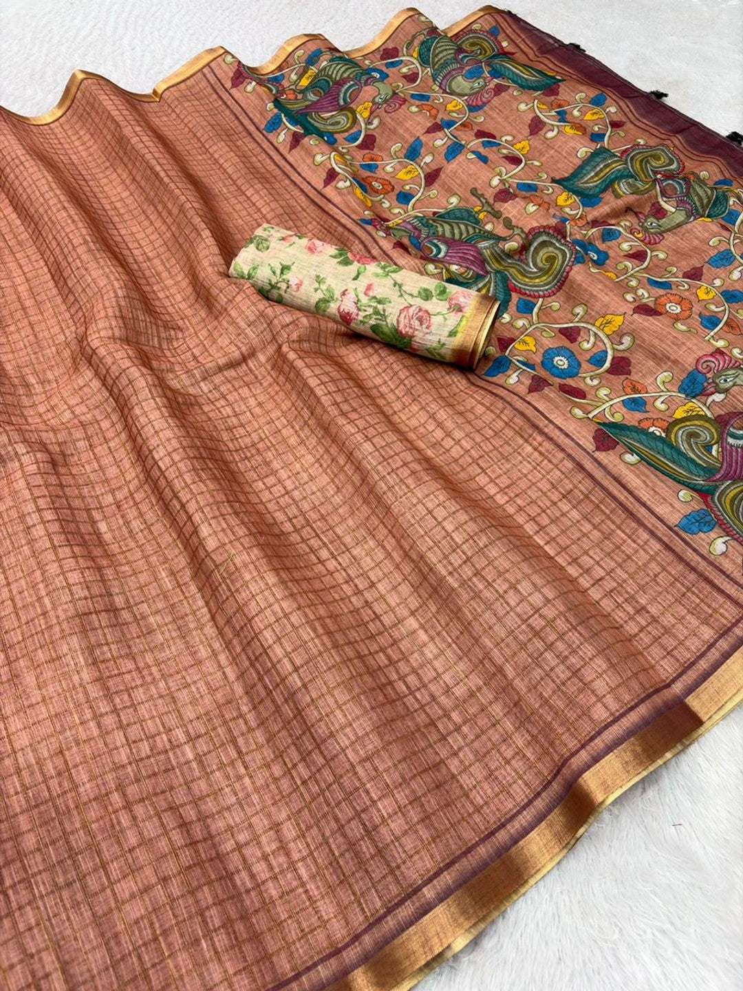Peachmode Peach Linen Cotton Fancy Digital Print Saree - Image 6