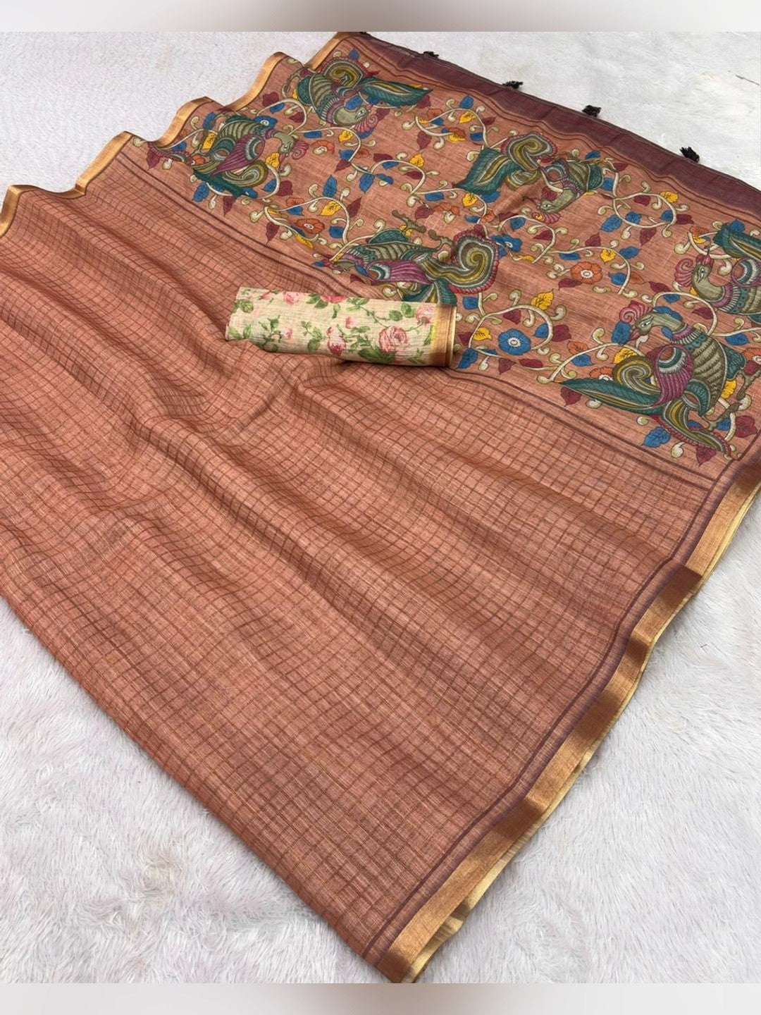 Peachmode Peach Linen Cotton Fancy Digital Print Saree - Image 7