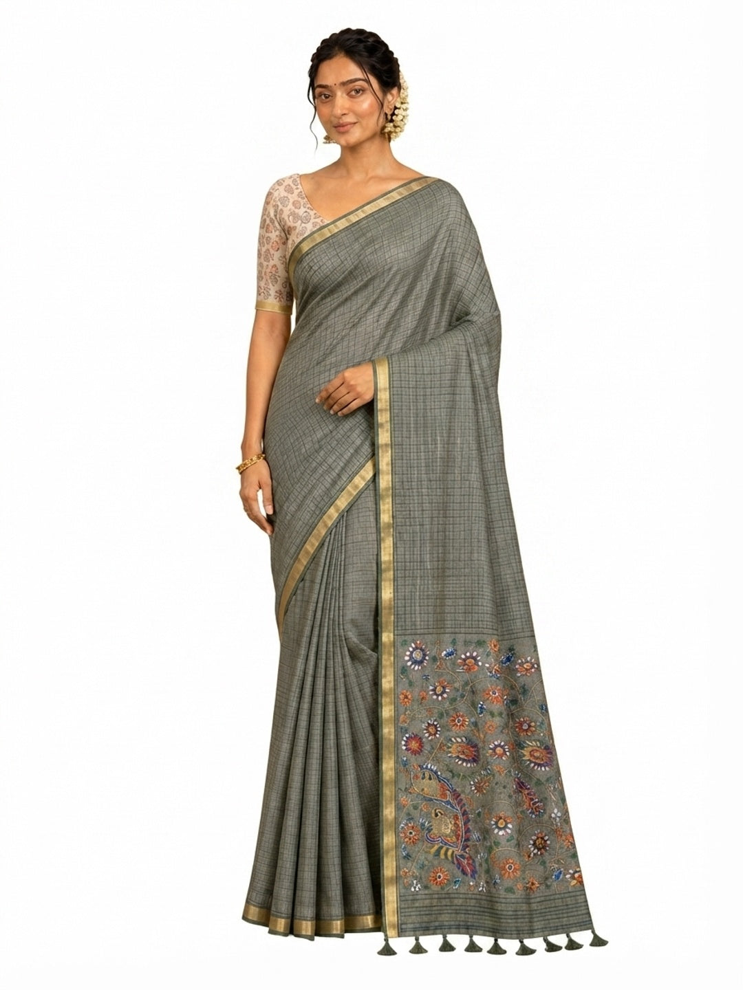 Peachmode Grey Linen Cotton Fancy Digital Print Saree - Image 8