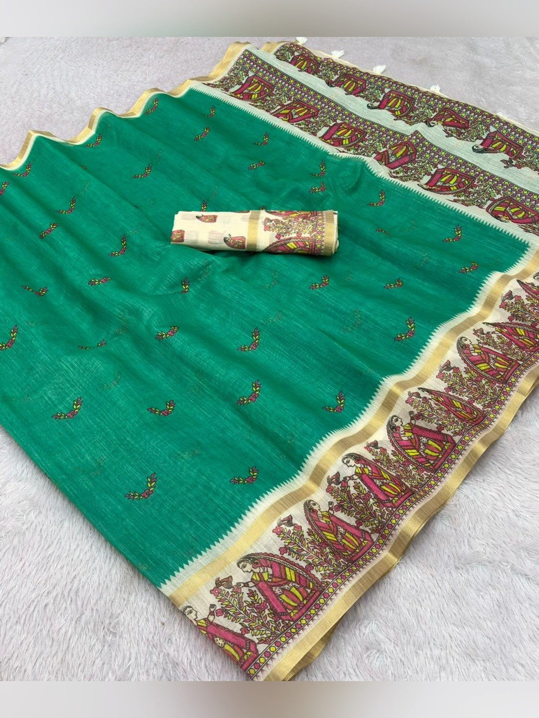 Peachmode Green Linen Cotton Zari Bentex Border Saree - Image 5