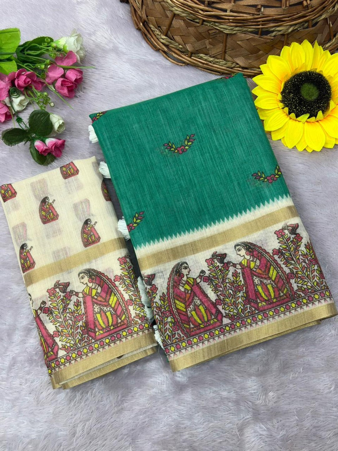 Peachmode Green Linen Cotton Zari Bentex Border Saree - Image 7