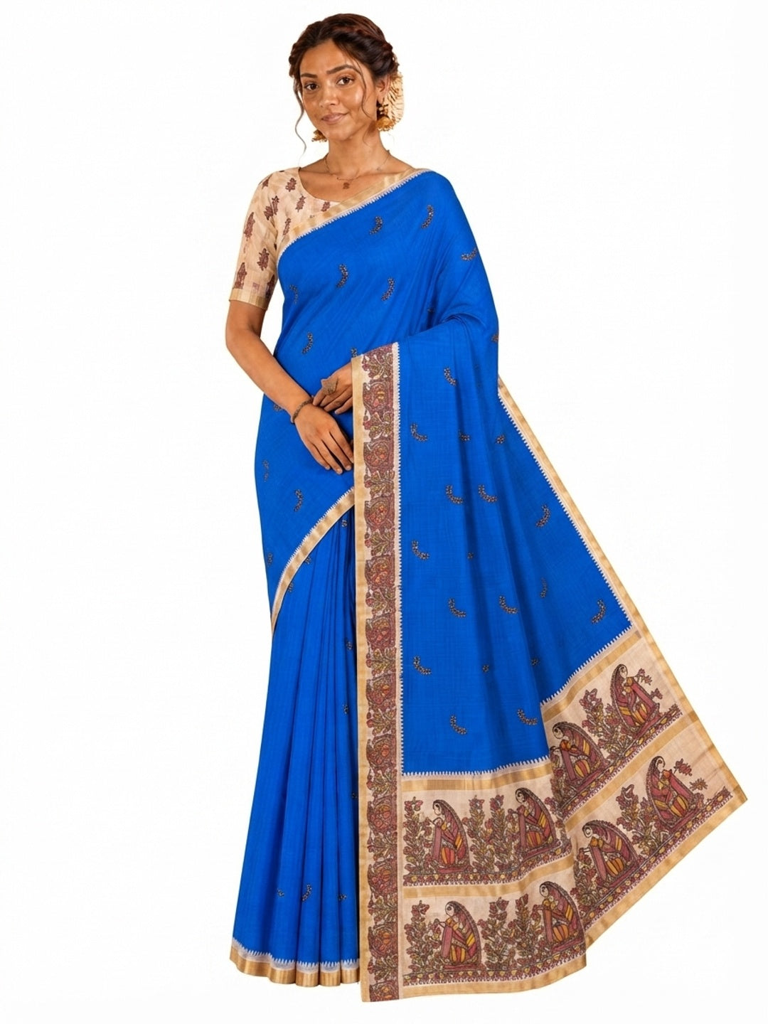 Peachmode Blue Linen Cotton Zari Bentex Border Saree - Image 8