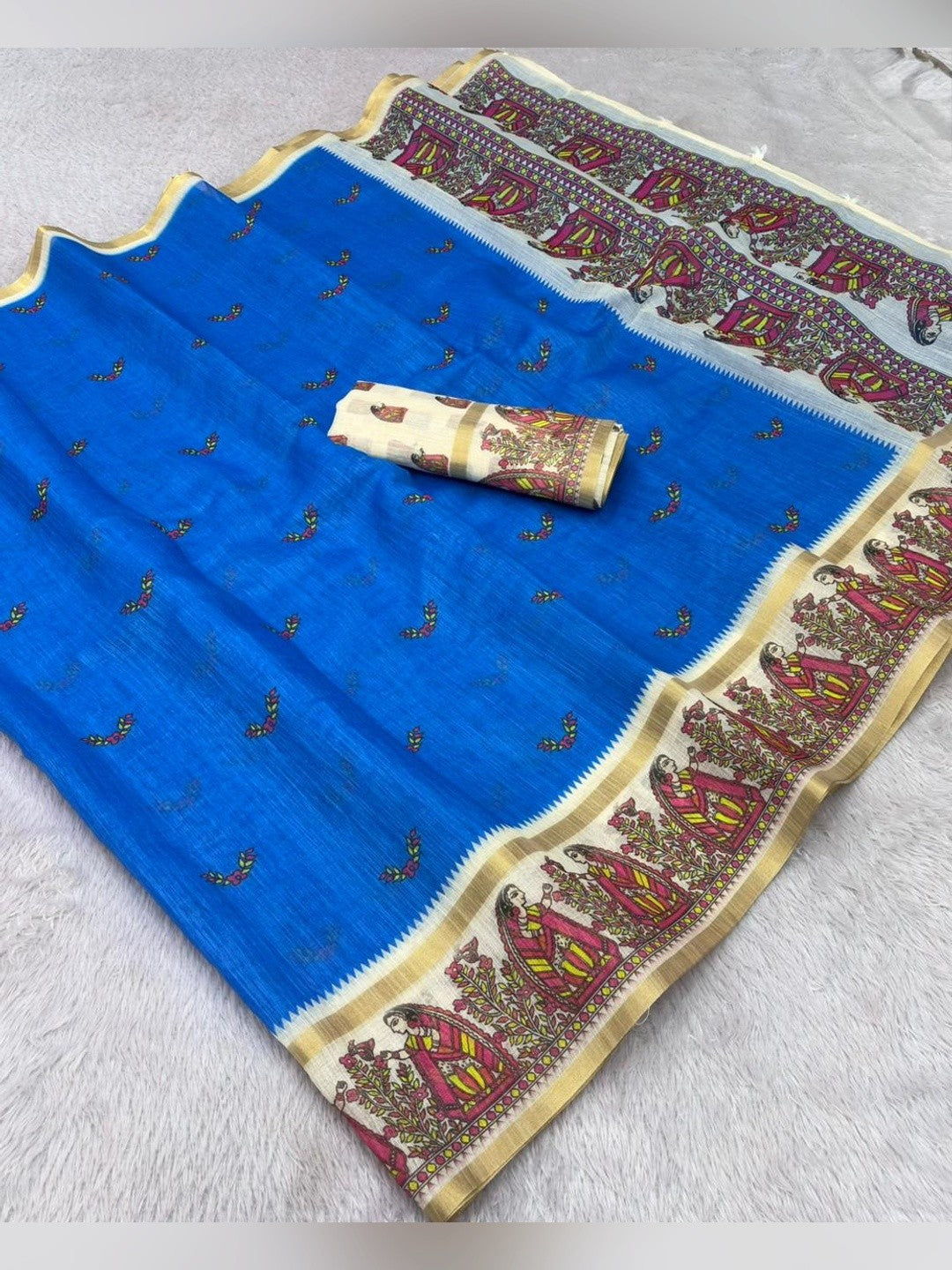 Peachmode Blue Linen Cotton Zari Bentex Border Saree - Image 5