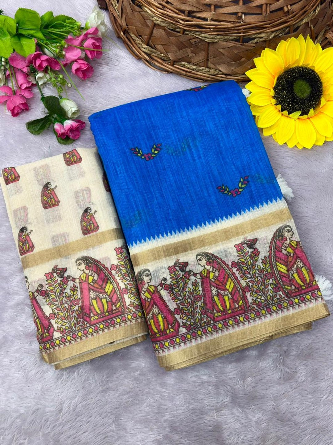 Peachmode Blue Linen Cotton Zari Bentex Border Saree - Image 6