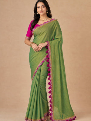 Green Beige Solid Tissue Saree Enhanced With Graceful Embroidered Lace Border Work - Image 1