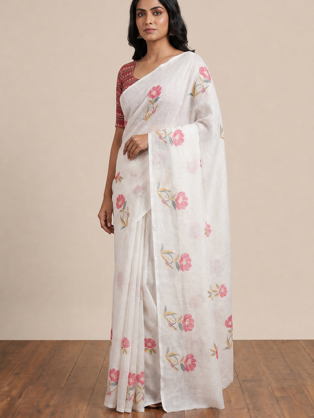 White Floral Digital Printed Linen Saree - Image 3