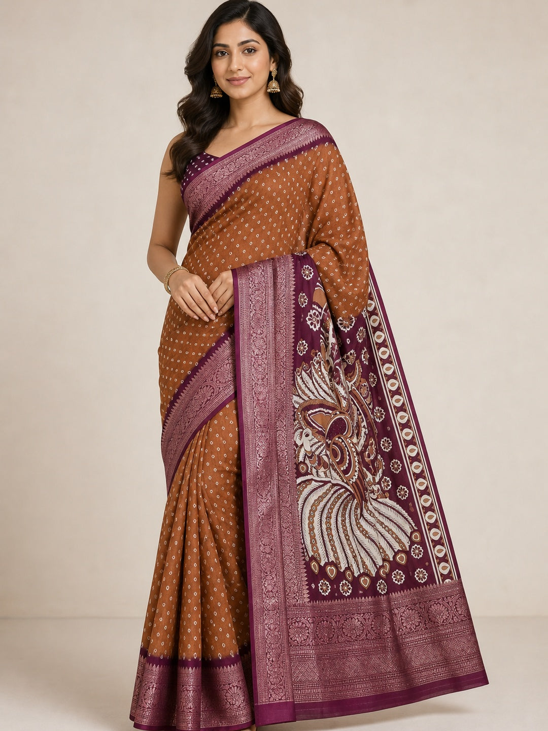 Rust Bandhani Design Dola Silk Saree with Classic Zari Detailing - Image 1
