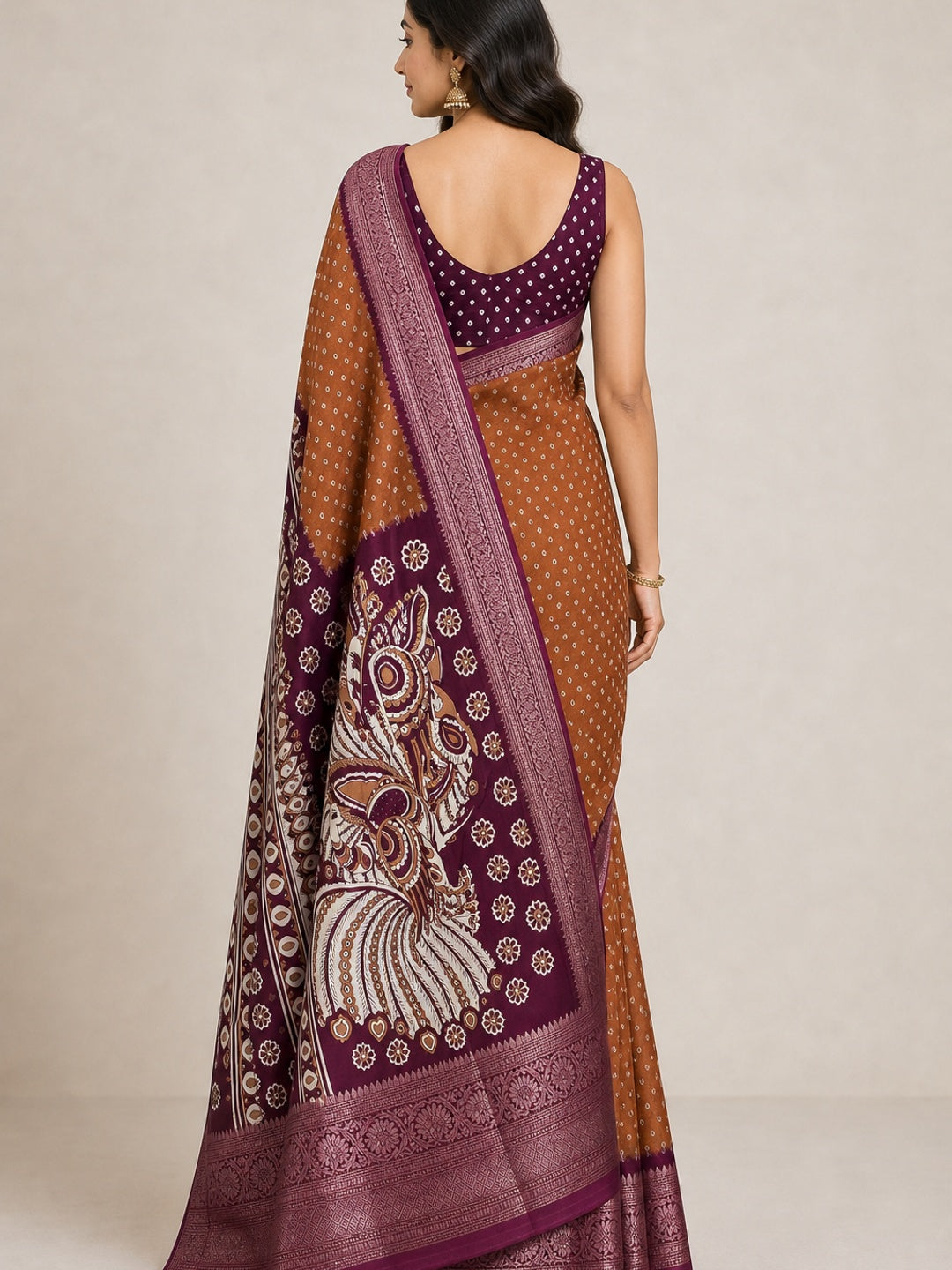 Rust Bandhani Design Dola Silk Saree with Classic Zari Detailing - Image 2