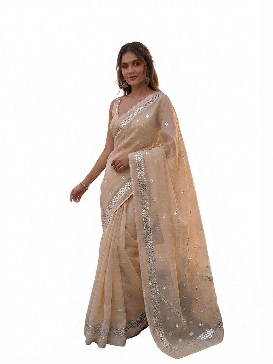 Peachmode Cream Kota Doriya Gota Patti Saree - Image 6