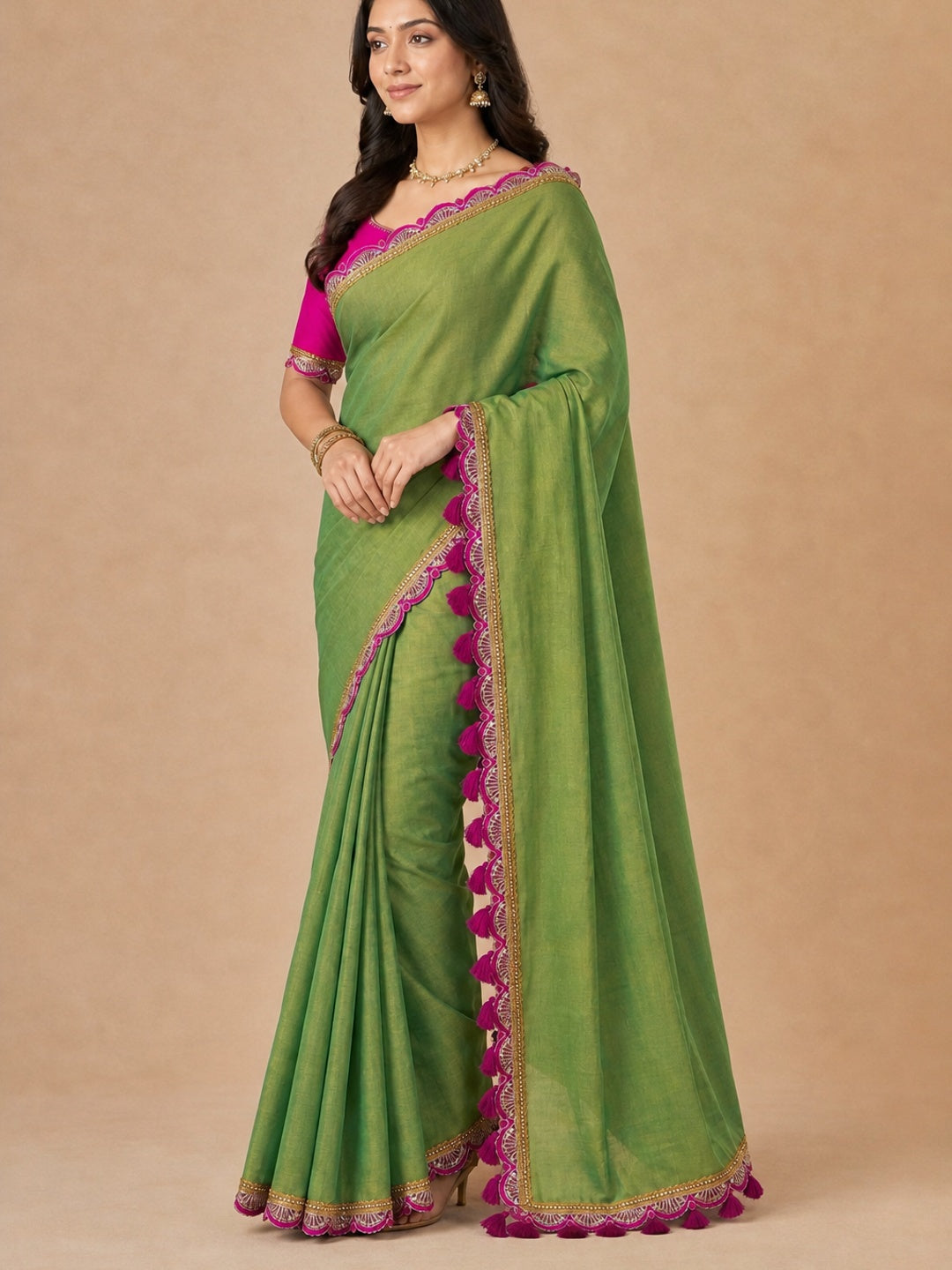 Green Beige Solid Tissue Saree Enhanced With Graceful Embroidered Lace Border Work - Image 3
